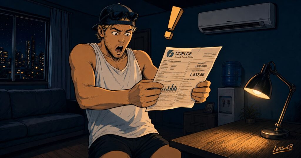 Keith in a Fortaleza apartment at night staring at an electricity bill with a look of complete disbelief, AC unit visible on the wall behind him.