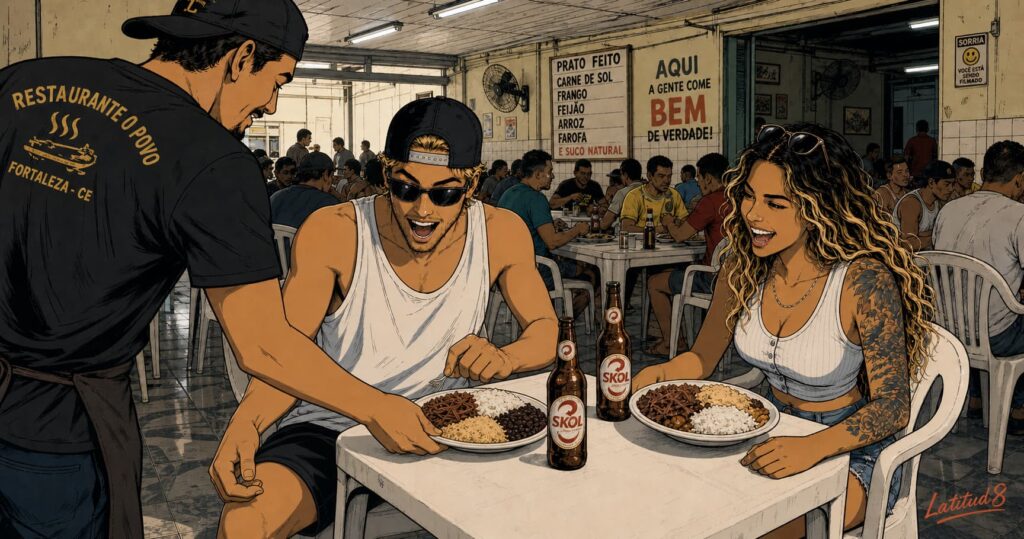 Keith and Steffany at a busy Fortaleza neighbourhood restaurant at a plastic table, prato feito plates arriving, cold Skols on the table.