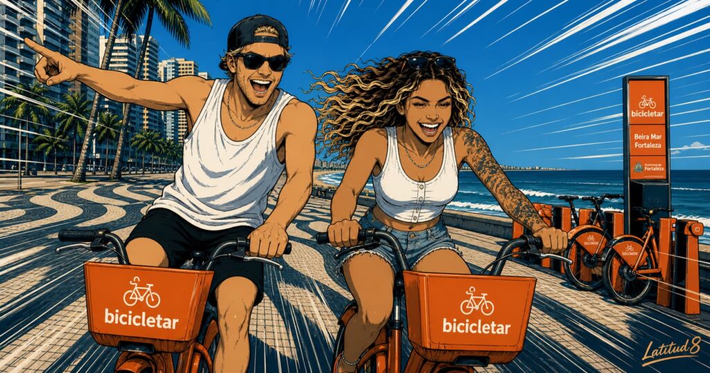 Keith and Steffany on Bicicletar bikes along Beira Mar in Fortaleza, ocean behind them, riding in bright afternoon sun.