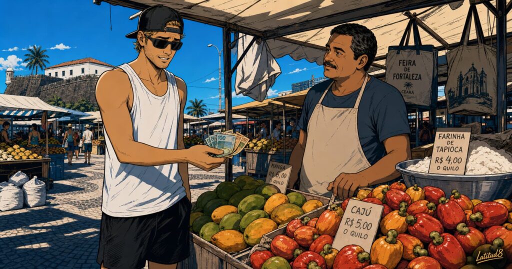 Keith at a Fortaleza street market stall paying for something small with a politely uncertain expression, vendor watching him.