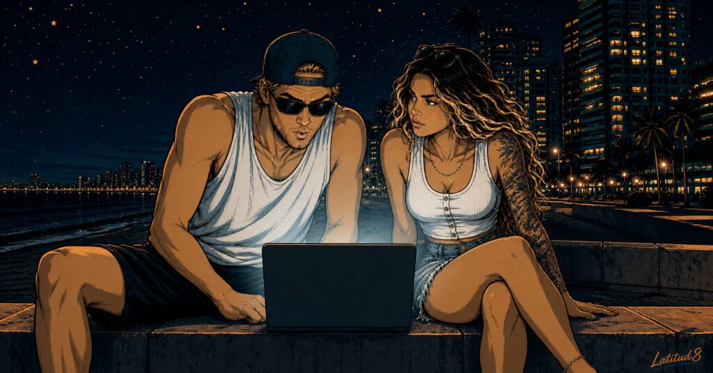 Keith and Steffany on a Fortaleza beachfront at night, laptop between them on a low wall, staring at the final budget total on screen.