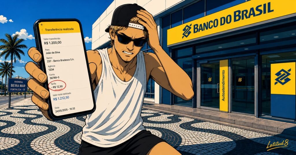 Keith standing outside a Fortaleza bank branch looking at his phone with a grimace — the bank transfer fee has just landed.