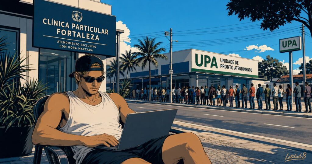 Keith sitting outside a private Fortaleza clinic on a laptop, relaxed, while a long queue at a public health post is visible behind him.