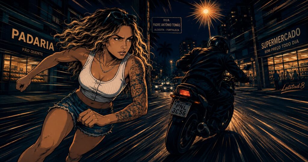 Steffany on an Aldeota street at night, spinning to run as a moto idles ahead — expression of sharp, instant decision.