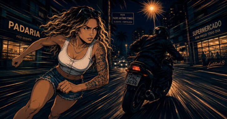 Steffany on an Aldeota street at night, spinning to run as a moto idles ahead — expression of sharp, instant decision.