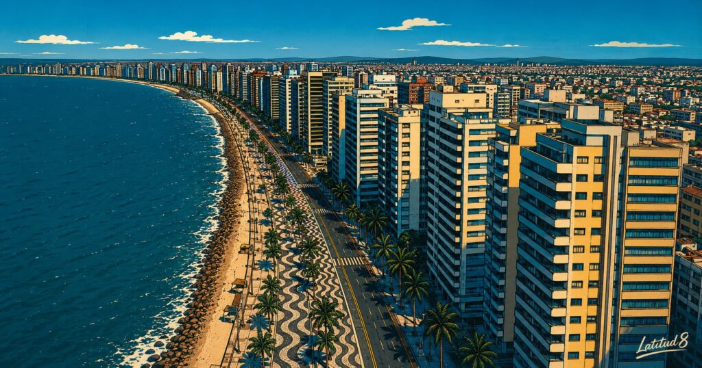 Fortaleza's coastal skyline from above, showing Meireles beachfront, high-rise towers, and city stretching inland under a hard blue sky.