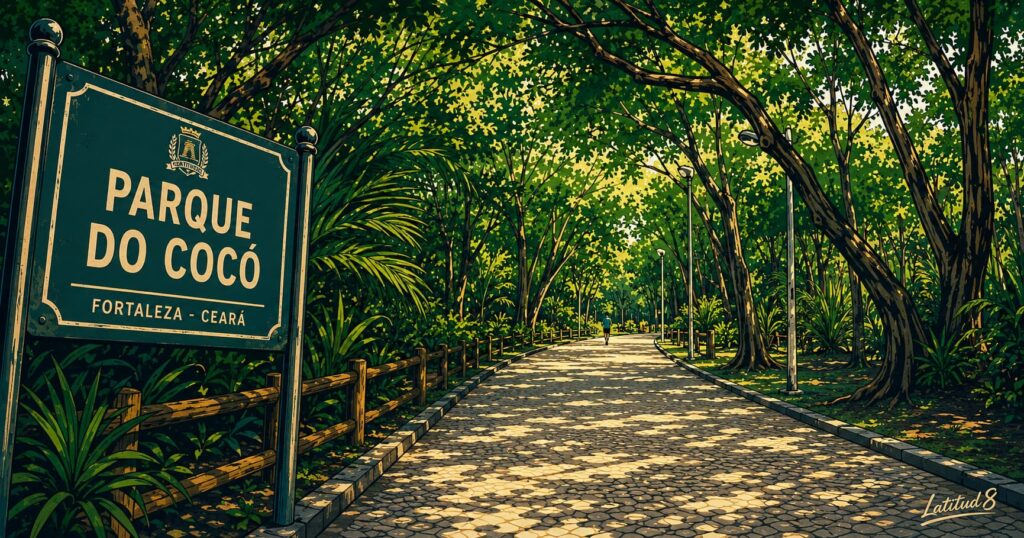 Morning light entering Parque do Cocó, Fortaleza — tree canopy arching over a path, a lone jogger visible in the distance.