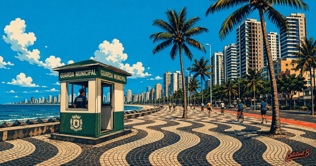A Guarda Municipal police hut on Avenida Beira Mar, Fortaleza — officer visible inside, promenade stretching behind in both directions.