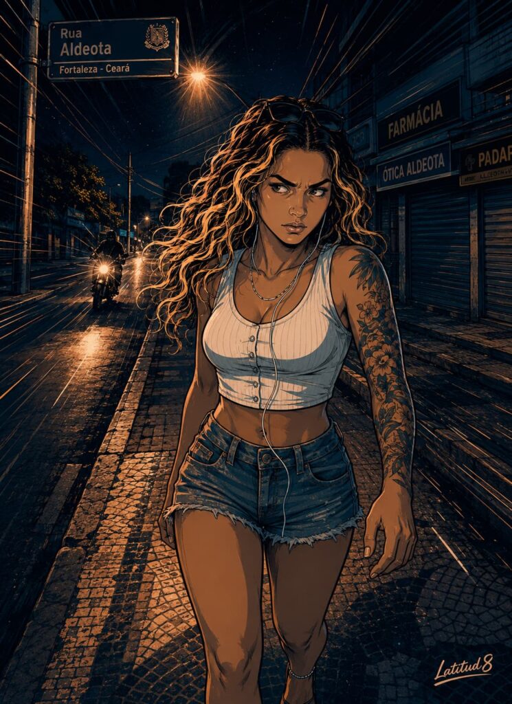 Steffany walking alone in Aldeota at night, earphone cable visible at her waist, a moto blurred in the background behind her.