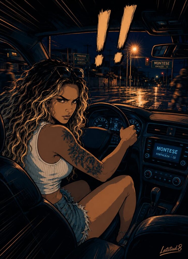 Steffany gripping a steering wheel at a Montese junction at night, completely decisive, blurred figures visible outside the car windows.