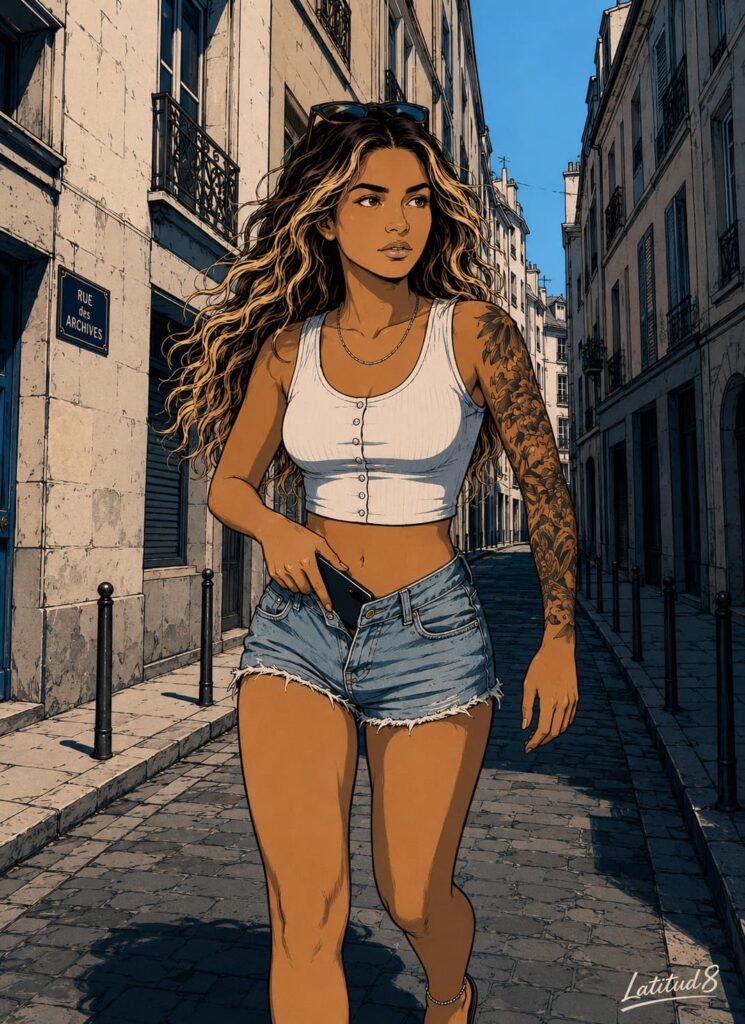 Steffany on a quiet sunlit European street, instinctively sliding her phone into her waistband out of pure muscle memory.
