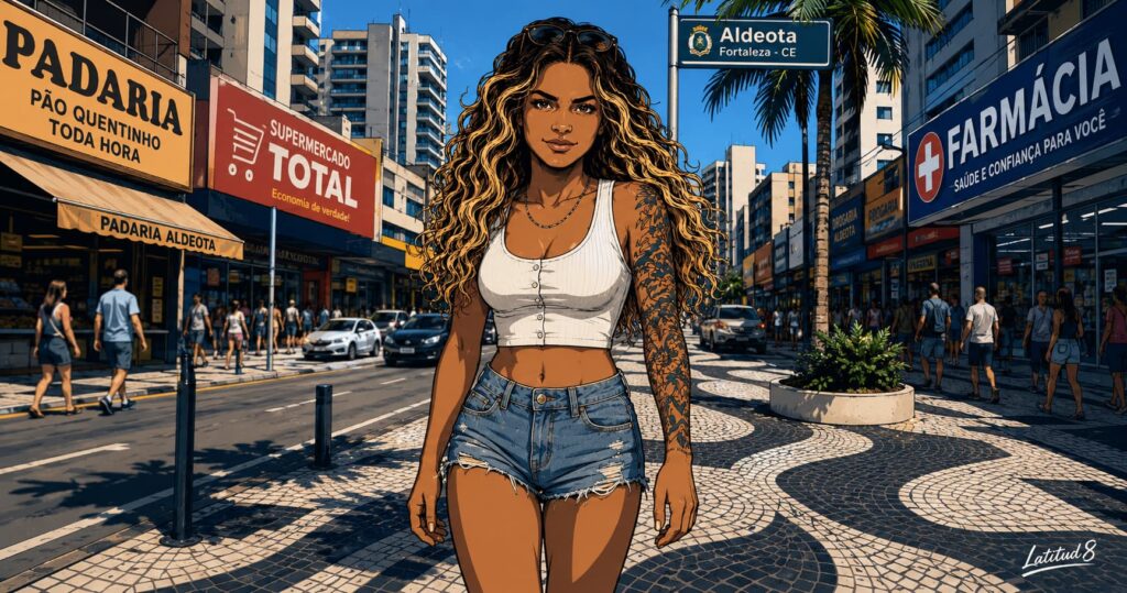Steffany walking a busy Aldeota street past a padaria and supermarket, relaxed and completely at ease.