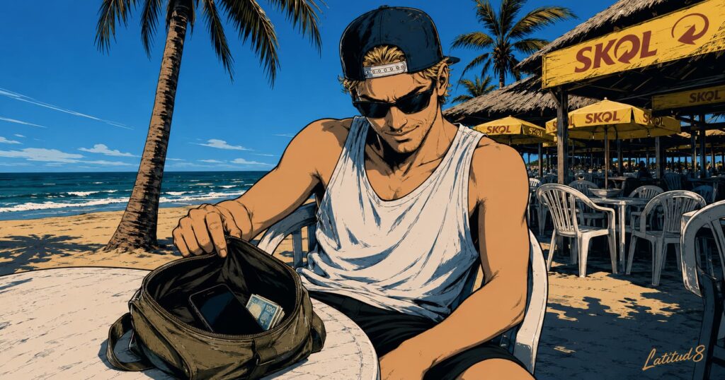 Keith on Fortaleza's Praia do Futuro beach, small bag open showing only a phone and folded cash, laptop clearly absent.