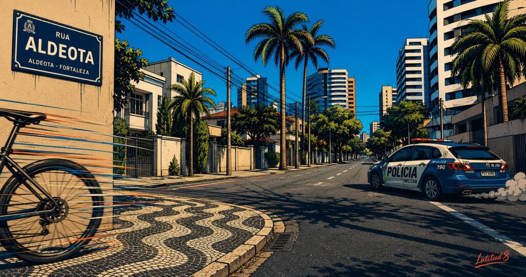 Fortaleza street with a bicycle disappearing around a corner and a police car visible fifty metres behind, engine running.