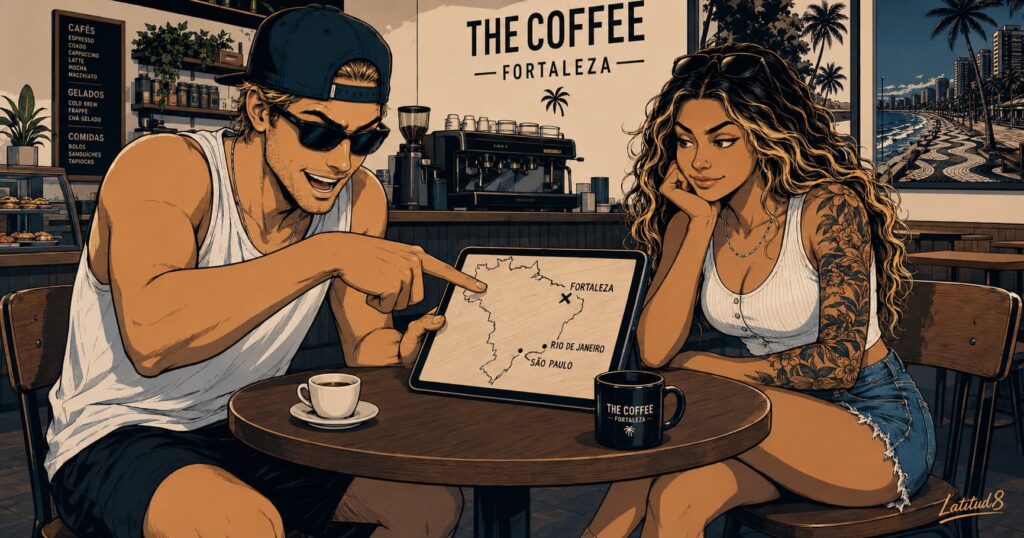 Keith and Steffany at a café table with a rough Brazil map between them, Keith pointing at Fortaleza, Steffany visibly patient.