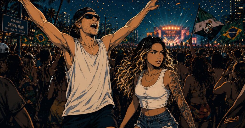 Keith and Steffany in a dense Carnaval crowd on Beira Mar at night — he's swept up in the energy, she's quietly scanning the crowd.