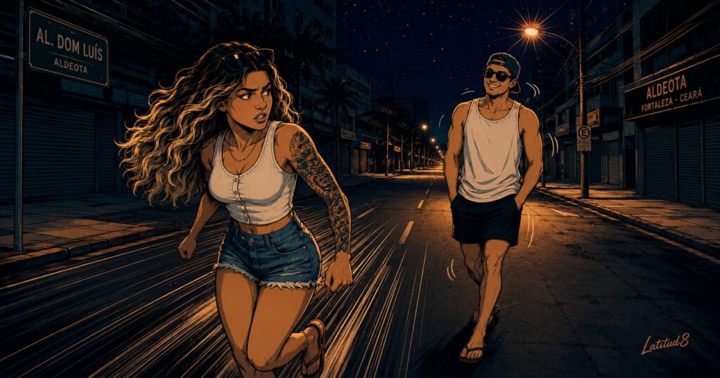Keith strolling casually and Steffany walking fast on an empty Fortaleza side street at night — two completely different reactions to the same situation.