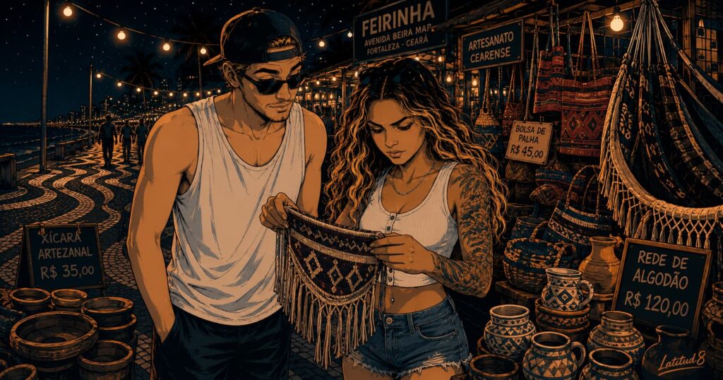 Keith and Steffany at Fortaleza's Feirinha night market on Beira Mar, string lights above, hammock stalls around them.