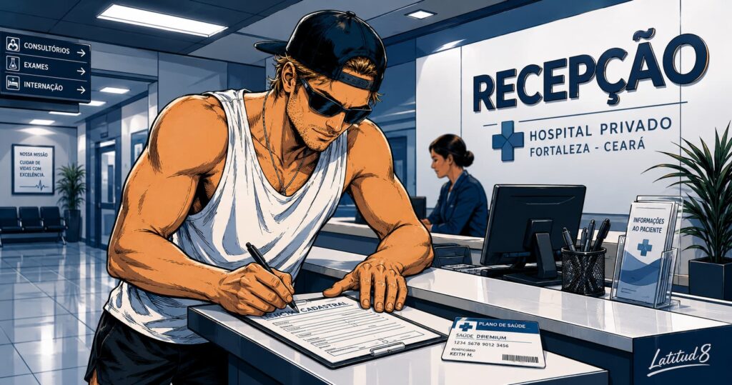 Keith at a bright Fortaleza private hospital reception desk, filling in paperwork calmly, insurance card visible on the counter.