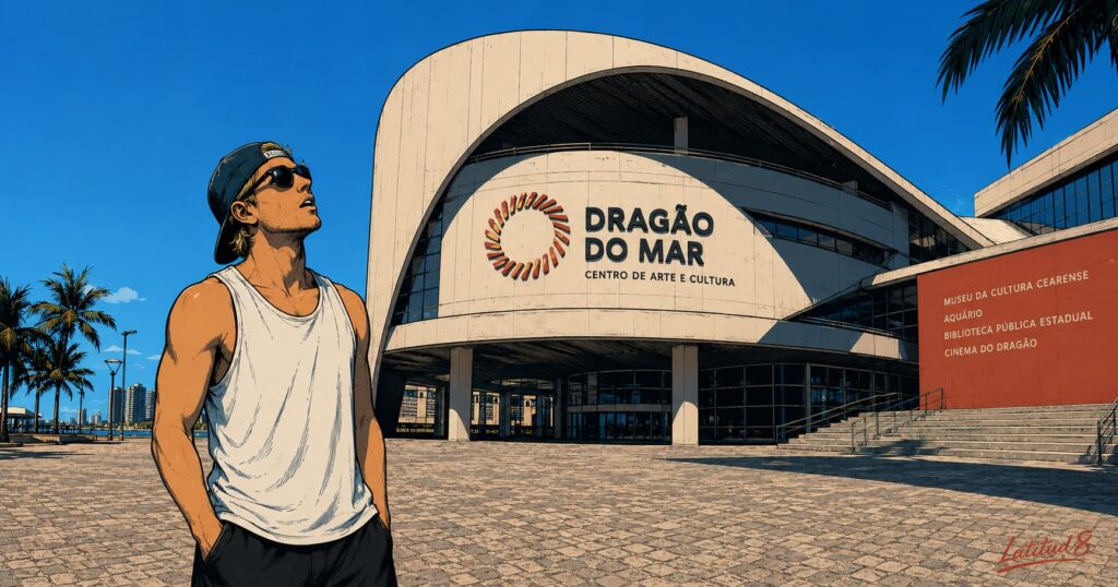 Keith outside Centro Dragão do Mar in Iracema, Fortaleza, in daylight, looking up at the curved architecture.