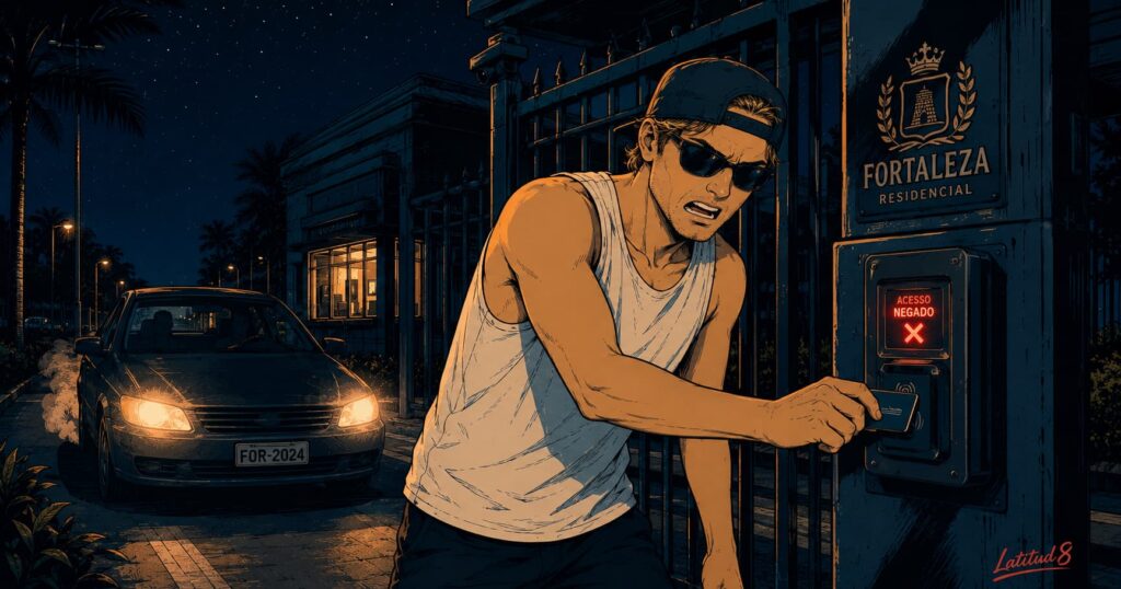 Keith at the outer gate of a Fortaleza apartment complex at night, keycard not scanning, a car idling behind him on the street.
