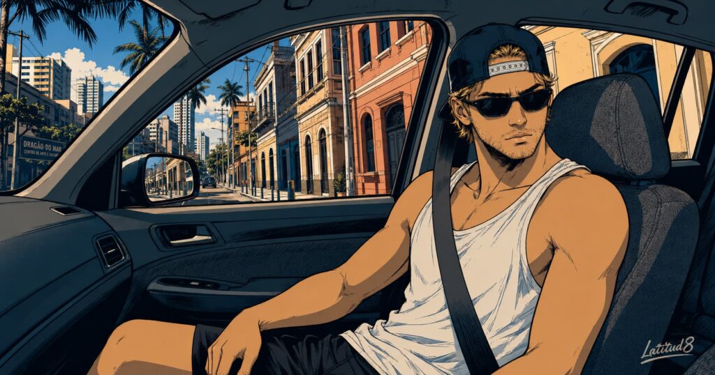 Keith in the passenger seat of a car in Fortaleza, seatbelt across his chest, looking out the window at passing streets.