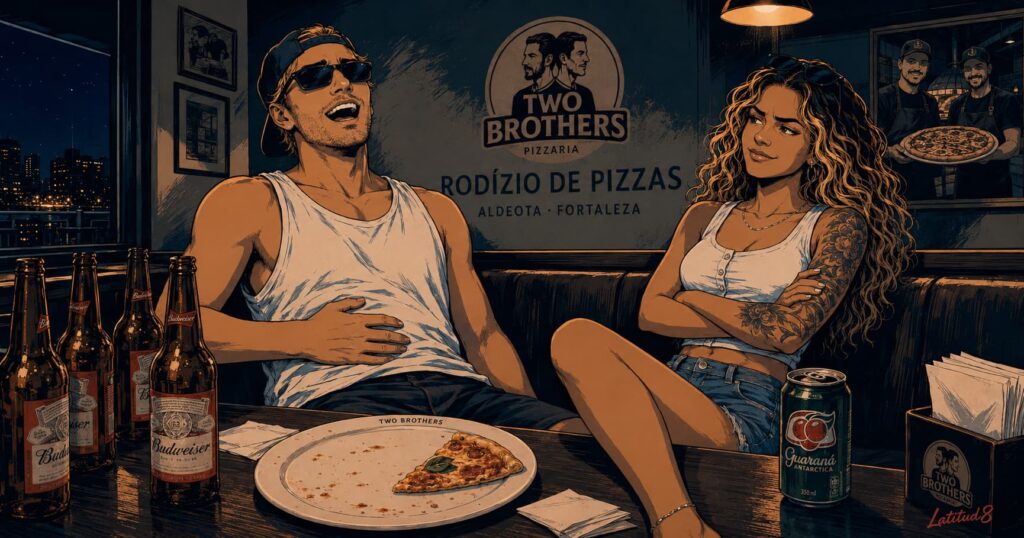 Keith and Steffany at Two Brothers pizza rodízio in Fortaleza, multiple Budweiser bottles on the table, both visibly full.