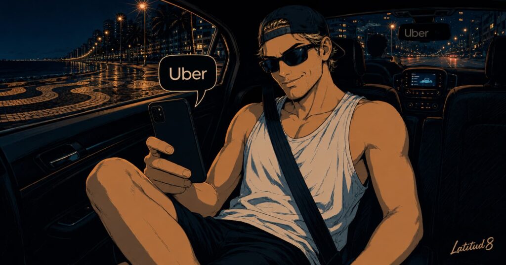 Keith in the back of an Uber in Fortaleza at night, phone showing the route map, Beira Mar lights visible through the window.