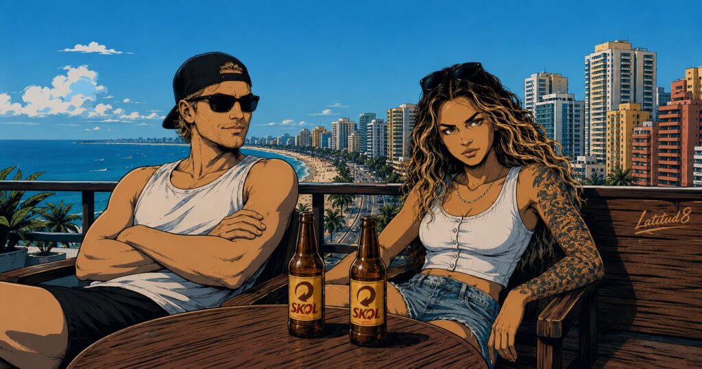 Keith and Steffany on a Fortaleza rooftop looking out at Beira Mar, weighing up the city over cold Skols