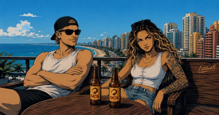 Keith and Steffany on a Fortaleza rooftop looking out at Beira Mar, weighing up the city over cold Skols