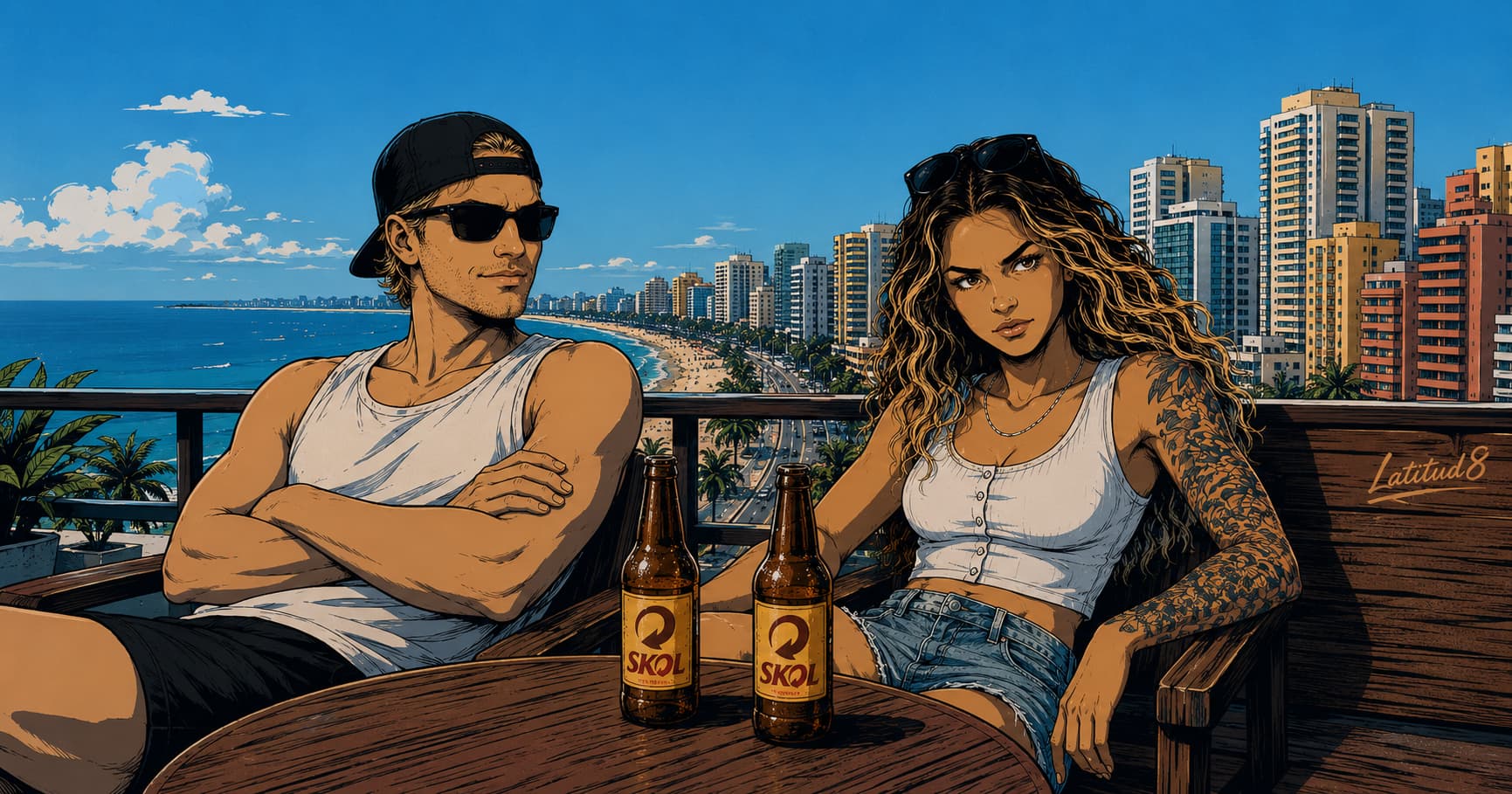 Keith and Steffany on a Fortaleza rooftop looking out at Beira Mar, weighing up the city over cold Skols