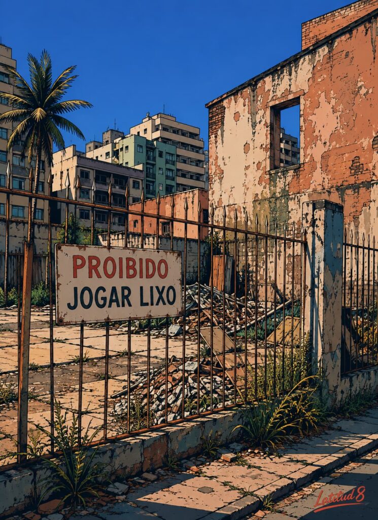 An empty lot near abandoned buildings a few streets from Beira Mar, dumped construction debris and a faded no-dumping sign
