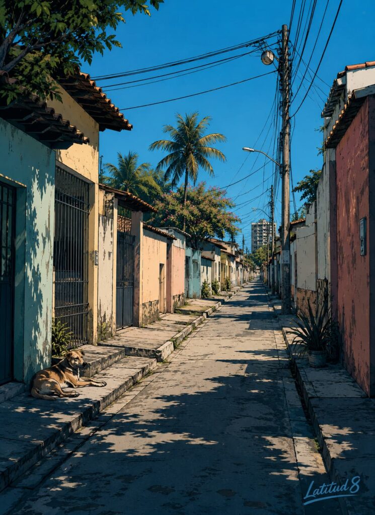 A quiet Fortaleza side street locals typically avoid, seen from ground level in daylight