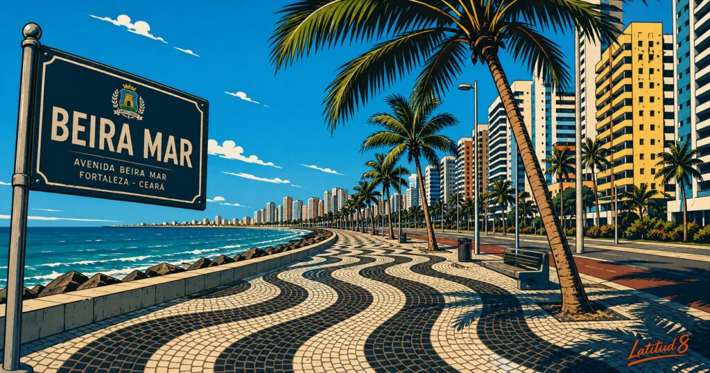 Beira Mar promenade in Fortaleza on a bright day, wave-pattern mosaic walkway and palm trees along the coast