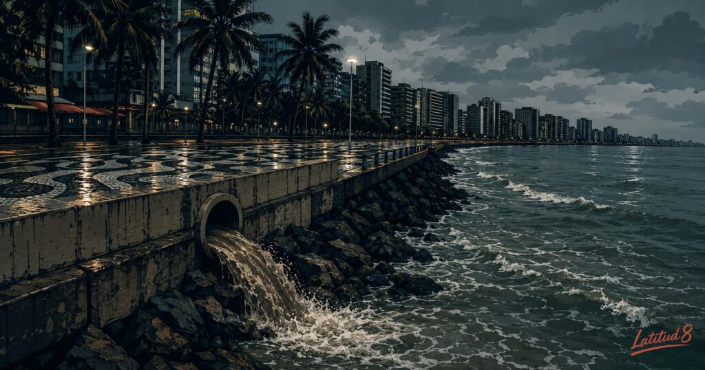 A drainage outlet on Beira Mar's seawall discharging runoff directly into the ocean after heavy rain
