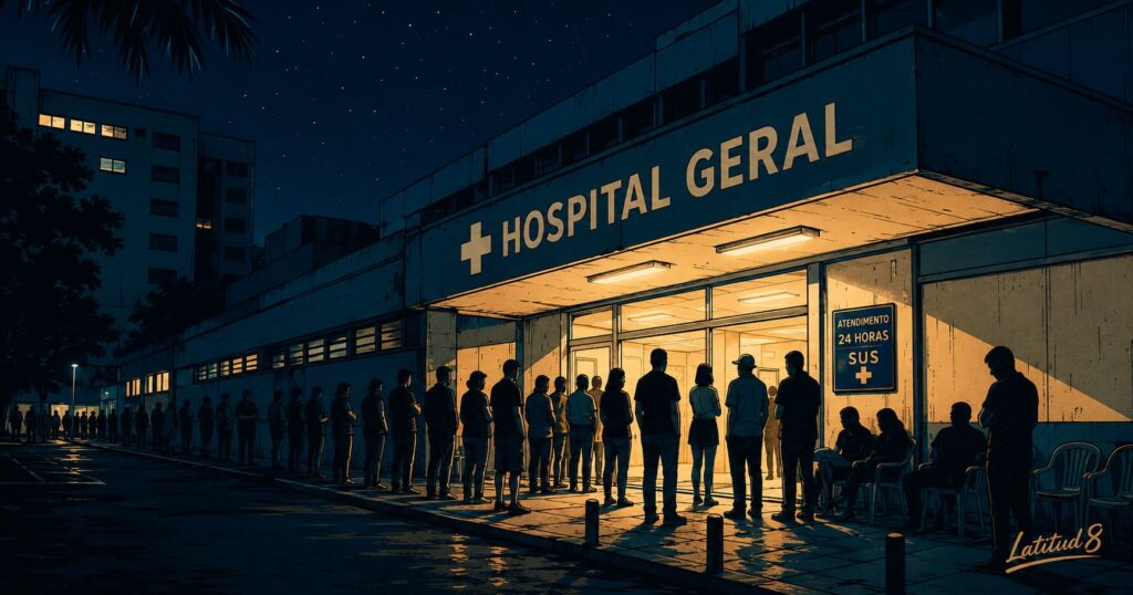A public hospital entrance in Fortaleza at night, a line of people waiting under fluorescent light
