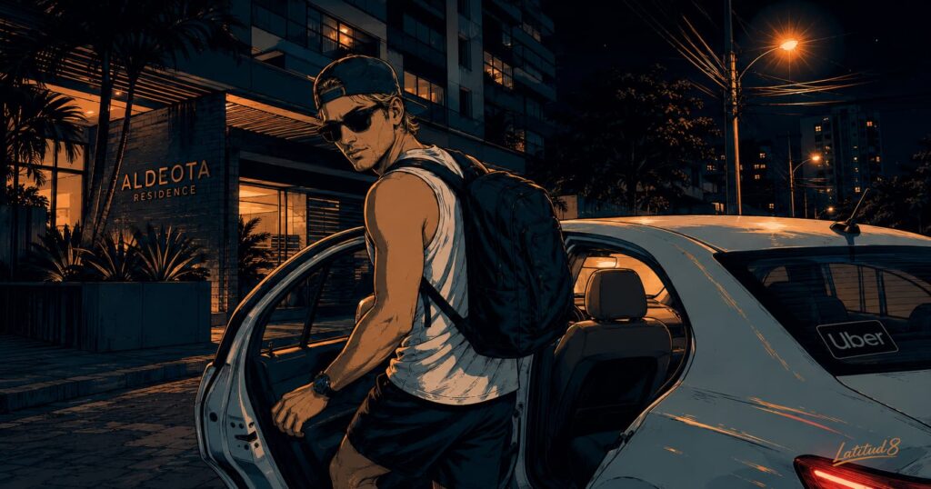 Keith climbing into an Uber outside an Aldeota apartment building at night, settling into local habits