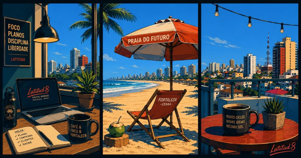 A split daytime scene showing a coworking desk, a beach chair, and a rooftop table, representing different nomad lifestyles in Fortaleza