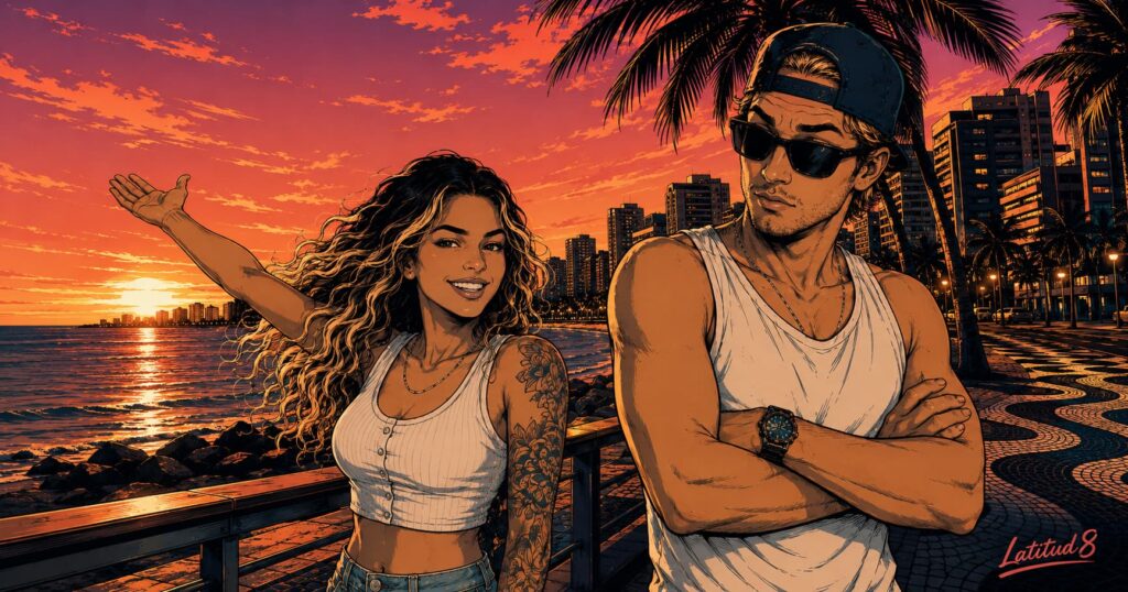 Steffany pointing out Beira Mar's skyline to Keith, calling it the Miami of Brazil at golden hour