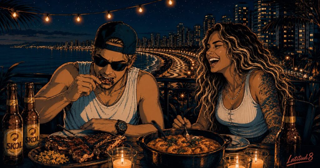 Keith and Steffany at a rooftop table loaded with food and Skols in Fortaleza at night, not worrying about the bill