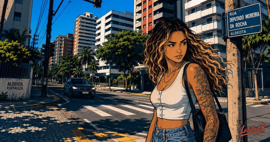 Steffany standing at an Aldeota curb in daylight, glancing back over her shoulder while waiting for a car