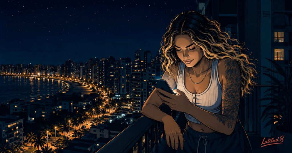 Steffany checking a phone showing travel insurance confirmation on a balcony at night, visibly relieved