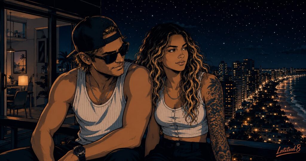 Keith and Steffany sitting close on a Fortaleza balcony at night, the city lit up behind them, at ease