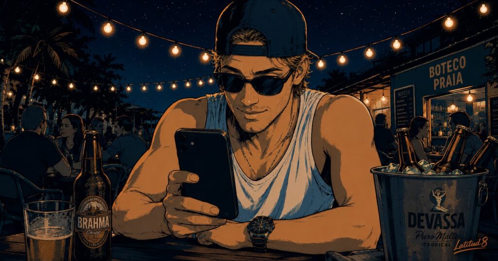 Keith checking a currency conversion on his phone at an outdoor table in Fortaleza at night, pleasantly surprised