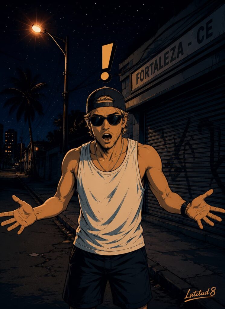 Keith standing frustrated on a Fortaleza street at night, arms out, expecting things to work like back home