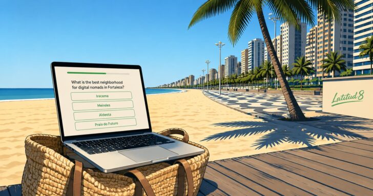 Laptop showing a digital nomad quiz on a Fortaleza beach, illustrating whether Fortaleza is right for you