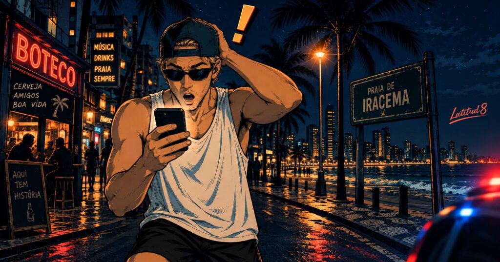 Keith on a dark Fortaleza street at night, phone screen glowing, stunned expression realising he needs an emergency number fast