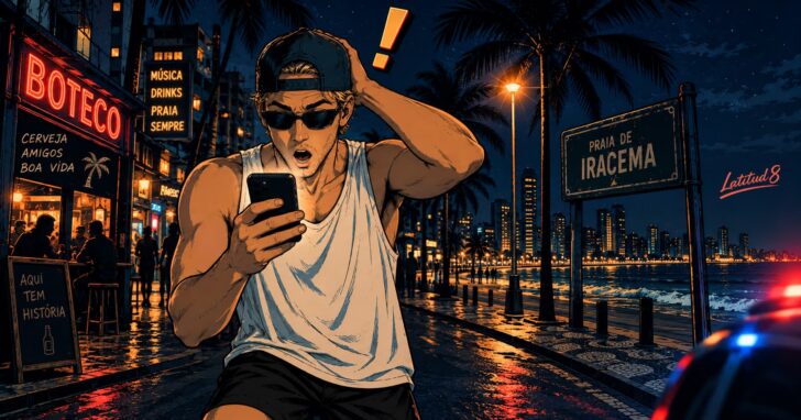 Keith on a dark Fortaleza street at night, phone screen glowing, stunned expression realising he needs an emergency number fast