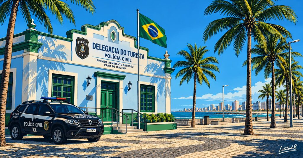 Delegacia do Turista tourist police station on Praia de Iracema in Fortaleza, palm trees and ocean along the promenade