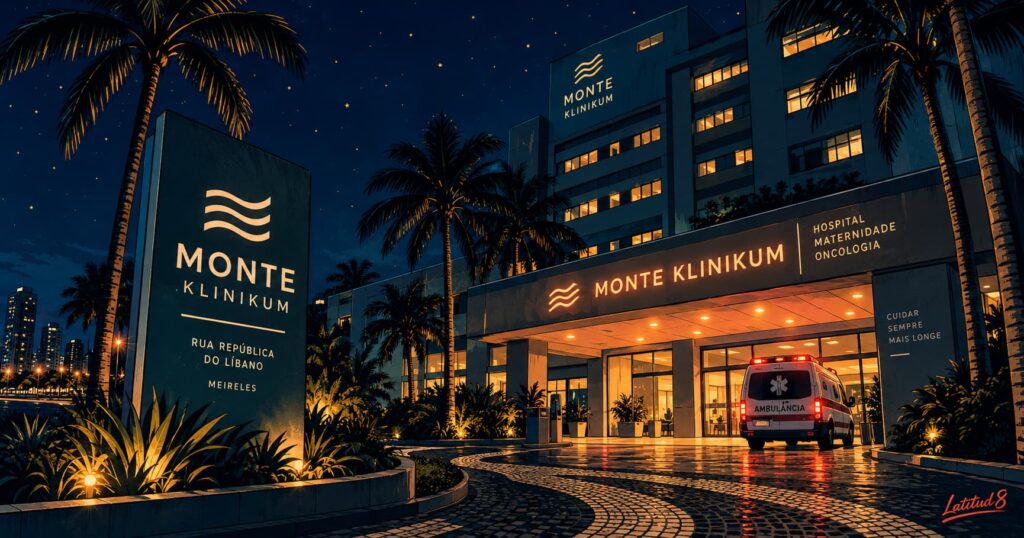 Hospital Monte Klinikum entrance in Meireles, Fortaleza lit up at night with an ambulance waiting under the covered driveway